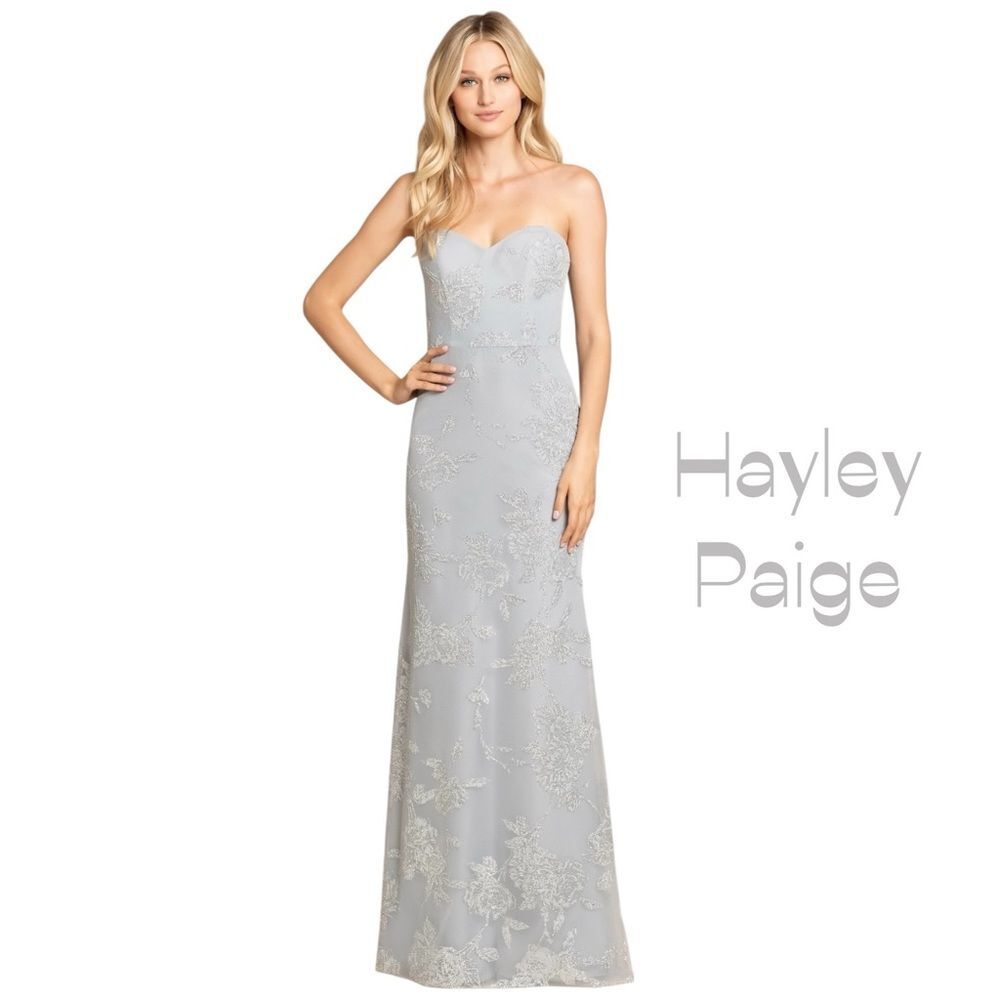 Hayley Paige Silver Strapless Maxi Dress NWT Size 10 Goddess Glam Event